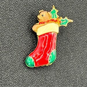 SFJ Gold Tone Enamel Christmas Puppy in a Stocking Brooch